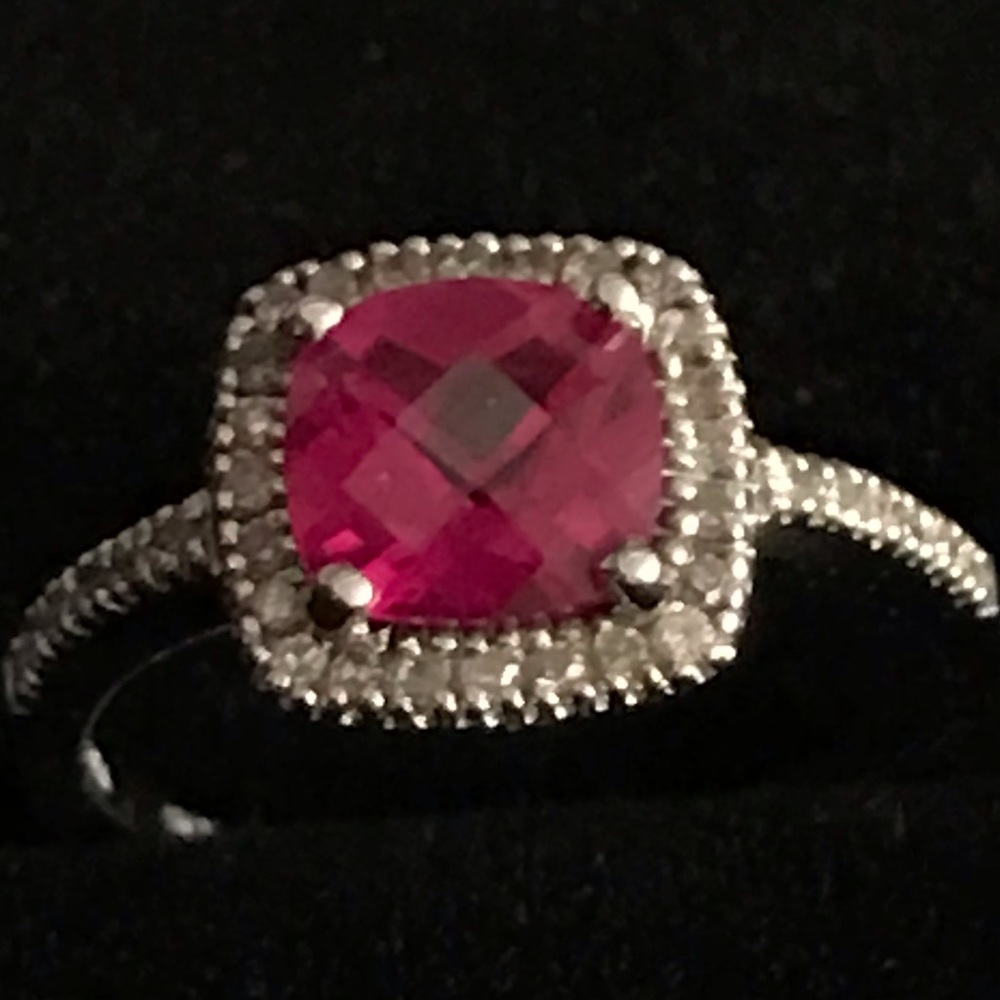 Ruby & Diamond Cushion Cut 10Kt Solid White Gold
